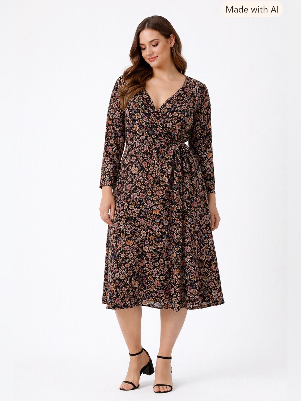 Leota Black Floral Wrap Dress with Pink Accents